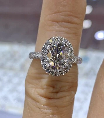 2Ct Oval Cut Real Moissanite Halo Engagement Ring 14K White Gold Plated - Image 1 of 4
