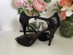 Kelly & Katie Slingback Black Hidden Platform Peep Toe Pumps Sequins Size 7 Vtg - Picture 1 of 12