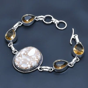 Silver Leaf Jasper, Smoky Topaz Gemstone Jewelry Bracelet 7-8" - Picture 1 of 1