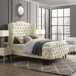 Modway Violette Performance Velvet Tufted Wingback Queen Platform Bed in Ivory - Picture 1 of 8
