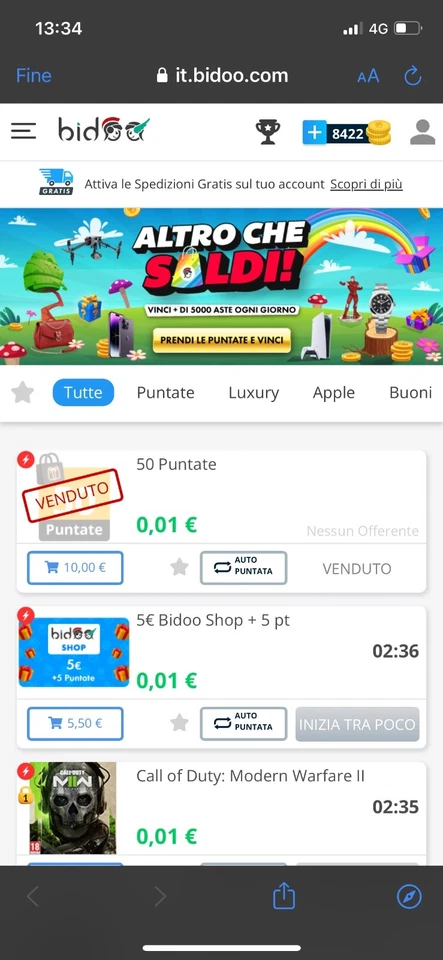 Account bidoo con 8422 puntate tutte da giocare al meglio. - Immagine 1 di 1