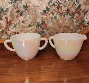 Federal Glass White **AURORA MOONGLOW** Iridescent Creamer & Sugar PEARL LUSTER - Picture 1 of 6