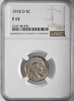 1918-D  5C BUFFALO NICKEL    NGC F15 #2147138-020  FRESHLY GRADED! - Image 1 of 4