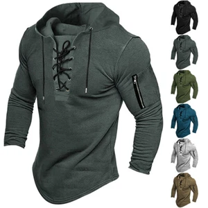 Mens Hooded Lace Up T Shirt Long Sleeve Muscle Tactical Combat Army Hoodies Tops - Picture 1 of 29