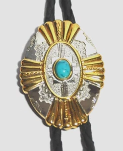 IVAN SOLID BRASS Bolo Tie Shield Silver Tone Turquoise Blue Stone - Picture 1 of 4