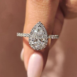 Pear Cut Lab Grown/CVD Diamond Halo Engagement Ring Solid In 14k White Gold - Picture 1 of 13