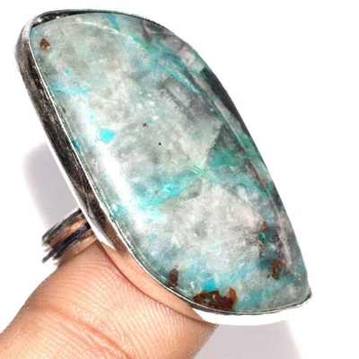 Chrysocolla 925 镀银手工戒指 US 11 礼物送给 GirlFriend JW — 第 1/3 张图片