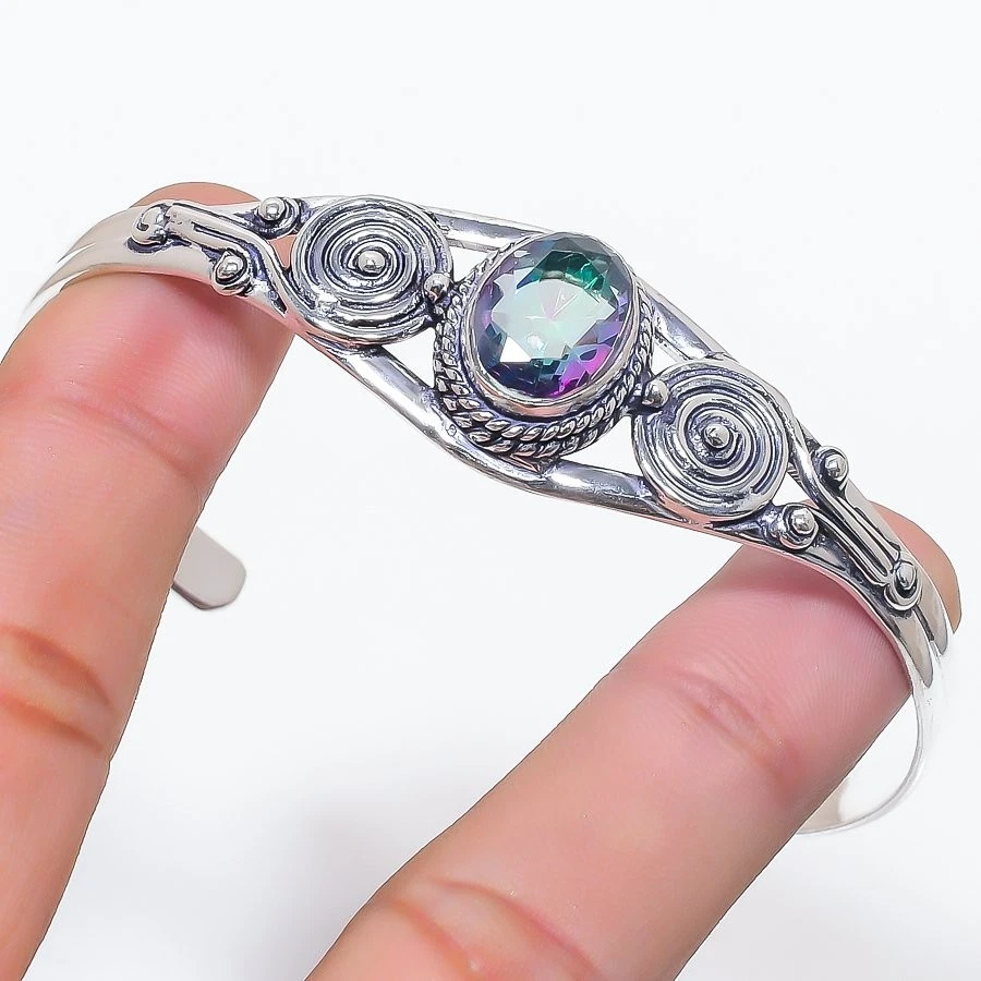 Mystic Topaz Gemstone Handmade 925 Sterling Silver Adjustable Cuff Bracelet - Image 1 of 1
