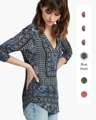 Top estampado de bordes Lucky Brand talla XL azul multi algodón lino manga 3/4 NUEVO Foto 1 de 4