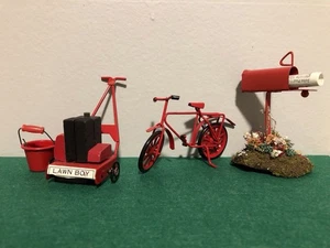 Puppenhaus Miniatur rot Metall Konvolut: Fahrrad, Rasenmäher, Briefkasten & Eimer - Bild 1 von 3