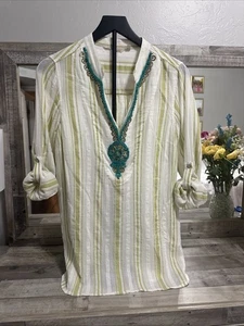 Soft Surroundings Elisha Jeweled Top Green Long Sleeve Striped Tunic Pockets M - Picture 1 of 10