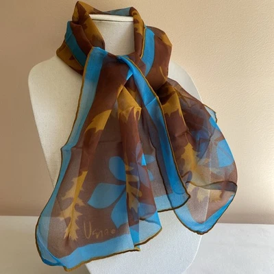 "Bufanda Vera transparente vintage con hojas de otoño: azul, dorado (naranja) y marrón, 14 x 43""" Foto 1 de 4