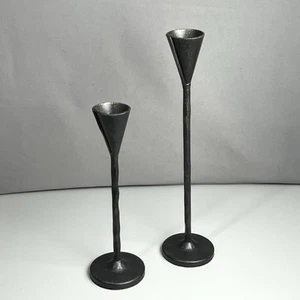 2 Pottery Barn Petaluma Candlestick Holders Brutalist Cast Iron Metal 12" & 16" - Picture 1 of 11