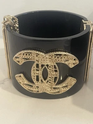 CHANEL Black Resin & Gold Filigree CC Logo Cuff Bracelet w Provenance Fr Chanel - Image 1 of 4