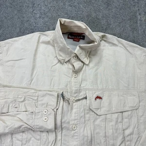 Simms Fishing Shirt Men L Beige Lined Long Sleeve Vented Zip Pocket Roll Tab - Picture 1 of 13