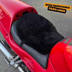 Motorcycle Sheepskin Seat Cover Foam Padded Security Straps Motorbike Black - Picture 1 of 5