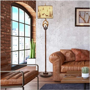 Rustic Farmhouse Antlers Floor Lamp with Nightlight Brown Finish round Shade Lam - Picture 1 of 6