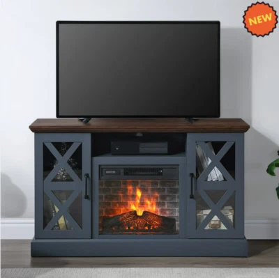 Soporte De TV Con Chimenea Eléctrica Mueble Para Sala Televisor De 55" Azul Marino Foto 1 de 4