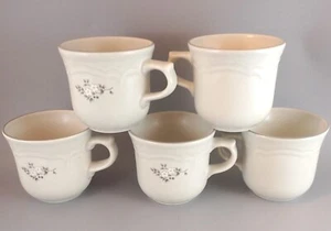 Pfaltzgraff Heirloom Flat Coffee Cups Mugs (Set of 5) White Flowers Gray Leaves - Picture 1 of 5