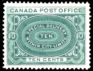 CANADÁ VERDE 10c "ENTREGA POSTAL ESPECIAL" MLHR CV$150 - Imagen 1 de 1