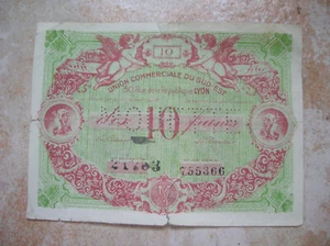  FRANCE  BILLET UNION COMMERCIALE DU SUD EST DE 10 FRANCS  (déchirure) (C556) - Picture 1 of 3