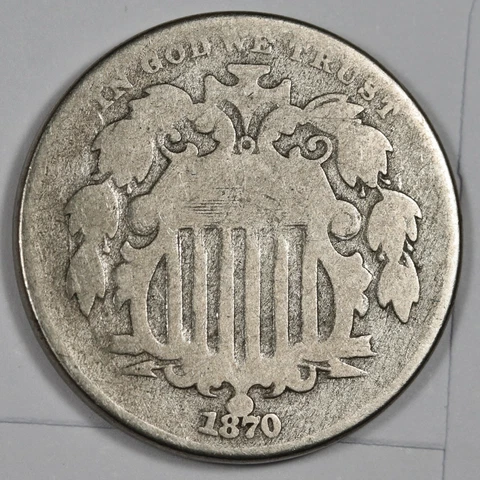 1870 Shield Nickel.  Date Elevated into Ball below Shield.  Good.  183853 Cover