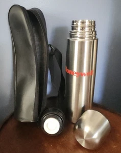 HONEYWELL LOGO on Stainless Steel Thermos With Carrying Case VACUUM BUTTON - Picture 1 of 16