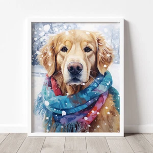 Golden Retriever im Winterschaldruck, Aquarellgemälde, Haustierporträt - Bild 1 von 10
