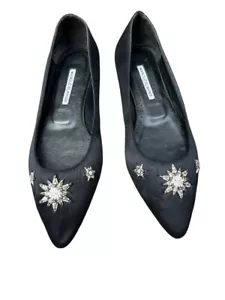 Manolo Blahnik size 39 Black Satin Flats Ghazalisi Ballerina Star Crystal - Imagen 1 de 24