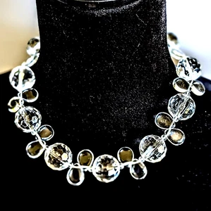Faceted Cut Rock Crystal Beaded Statement Necklace 925 Clasp Wire 18" - Picture 1 of 8