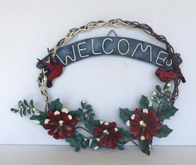 Letrero de bienvenida colgante de metal cardenal de Navidad motivo follaje floral de temporada Foto 1 de 4