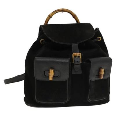 GUCCI Mochila Bambú Gamuza Cuero Negro Dorado 003 2058 0016 Auténtica gh341 Foto 1 de 4