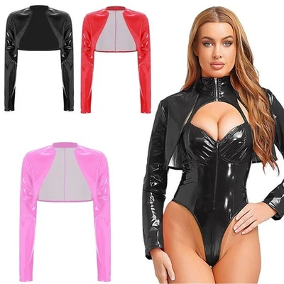DE Freebily Damen Leder Optik Jacke Kurz Offene Oberteil Wetlook Party Kostüm