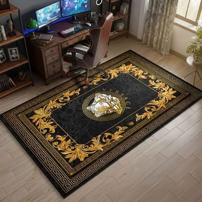 Black Versace Rug, Gold Greek Key Carpet, Versace Style Mat, Ornate Decor - Image 1 of 4