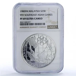 Malaysia 25 ringgit 9th SE Asian Games Map Sports PF69 NGC silver coin 1980 - Picture 1 of 2