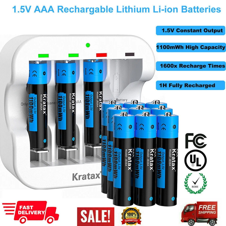 Kratax 1.5V AAA Rechargeable Li-ion Batteries 1100mWh Lithium AA USB Charger LOT - image 1 of 4