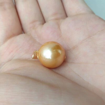 Nuevo AAA+ 15mm Real Natural Mar del Sur Dorado Redondo Perla Colgante Oro Sólido 18k Foto 1 de 4