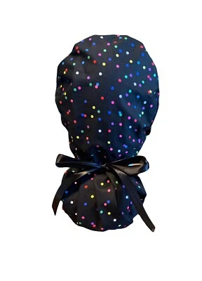 Black Dots SATIN LINED Scrub Cap Ponytail Hat Long Hair Protection Nurse Hat - Image 1 of 4