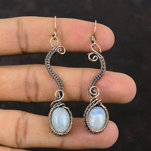 Rainbow Moonstone Copper Gift For Mother Wire Wrapped Drop/Dangle Earrings 2.72" - Picture 1 of 7