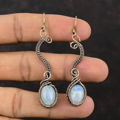 Rainbow Moonstone Copper Gift For Mother Wire Wrapped Drop/Dangle Earrings 2.72" - Image 1 of 4
