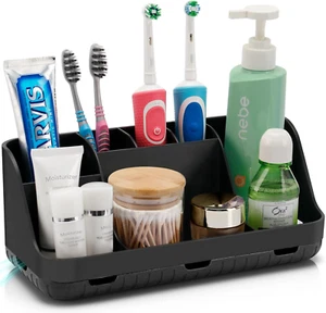 Black Toothbrush Holder - 7 Slots Bathroom Organizer Countertop with Drainage Ma - Picture 1 of 7