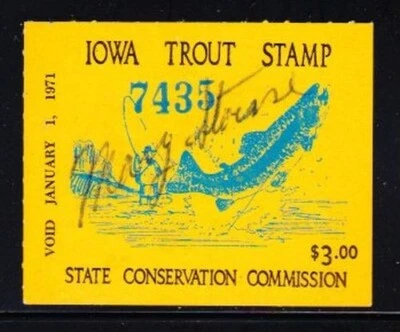 Iowa 1970 $3 Freshwater Trout Fishing Stamp Signed - Image 1 of 2