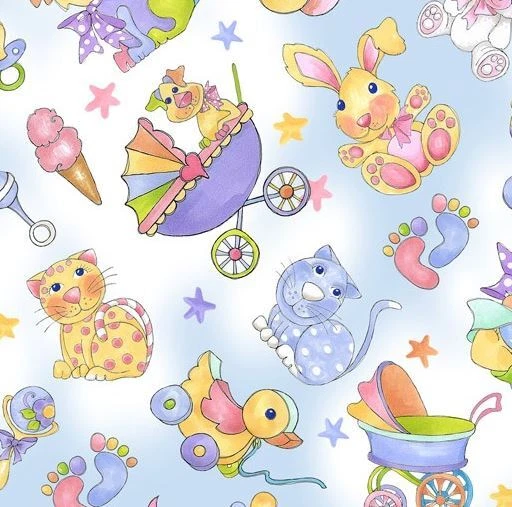 Fat Quarter - Happy Baby, Busy Baby Blue Cotton Fabric - image 1 of 4