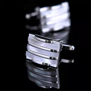 1 Pair Chic Business Mens Shirt Cufflinks Brass Rectangle Cuff Links Silver Tone - Picture 1 of 8