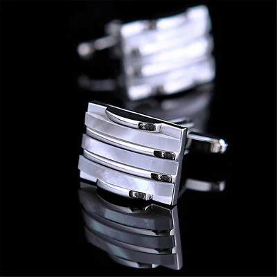 1 Pair Chic Business Mens Shirt Cufflinks Brass Rectangle Cuff Links Silver Tone - Image 1 of 4