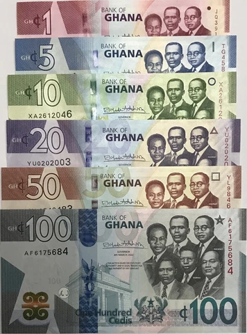 Ghana Set 6 Pcs 1 5 10 20 50 100 Cedis 2019 - 2022 P 45 46 47 48 49 P 50 UNC Cover