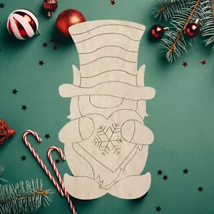 Artigianato Artistico Fai da Te, Gnomo di Natale con Fiocco di Neve Cuore Ritaglio Legno, Dipinto per Linea - Foto 1 di 3