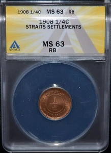 1908 1/4 Cent Straits Settlements ANACS Cert MS 63 RB #J752 - Picture 1 of 2
