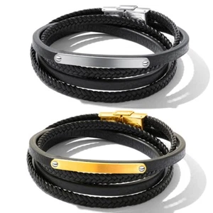 Stainless Steel 7" Braided Black Leather Wrap Bracelet - Free Engraving - Picture 1 of 7