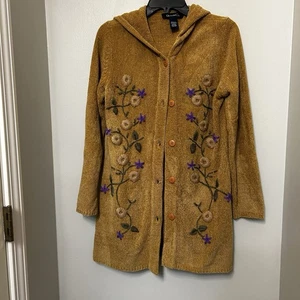Denim&Co Small Mustard Brown Sweater Cardigan Hooded Embroidered Cottagecore - Picture 1 of 8